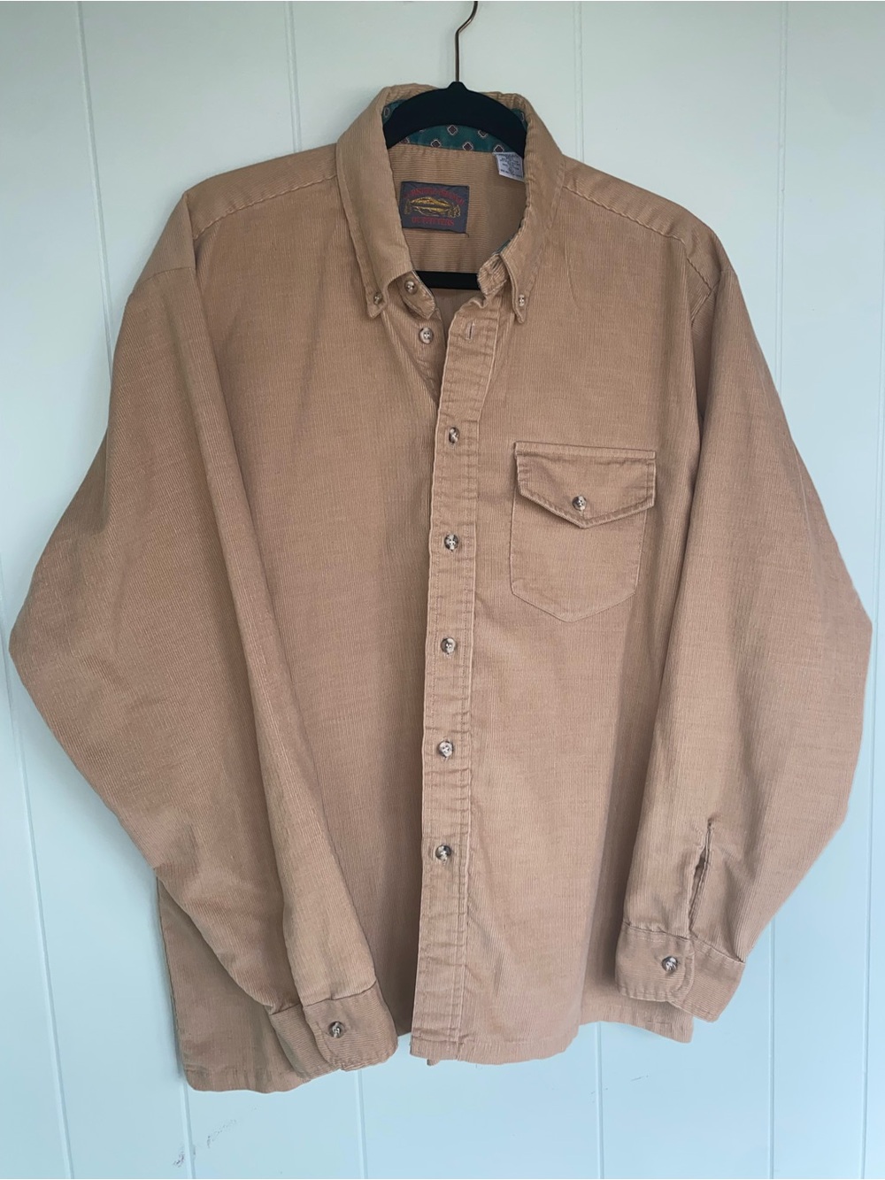 Men's Tan Corduroy Button-Down Shirt with Chest Pocket
